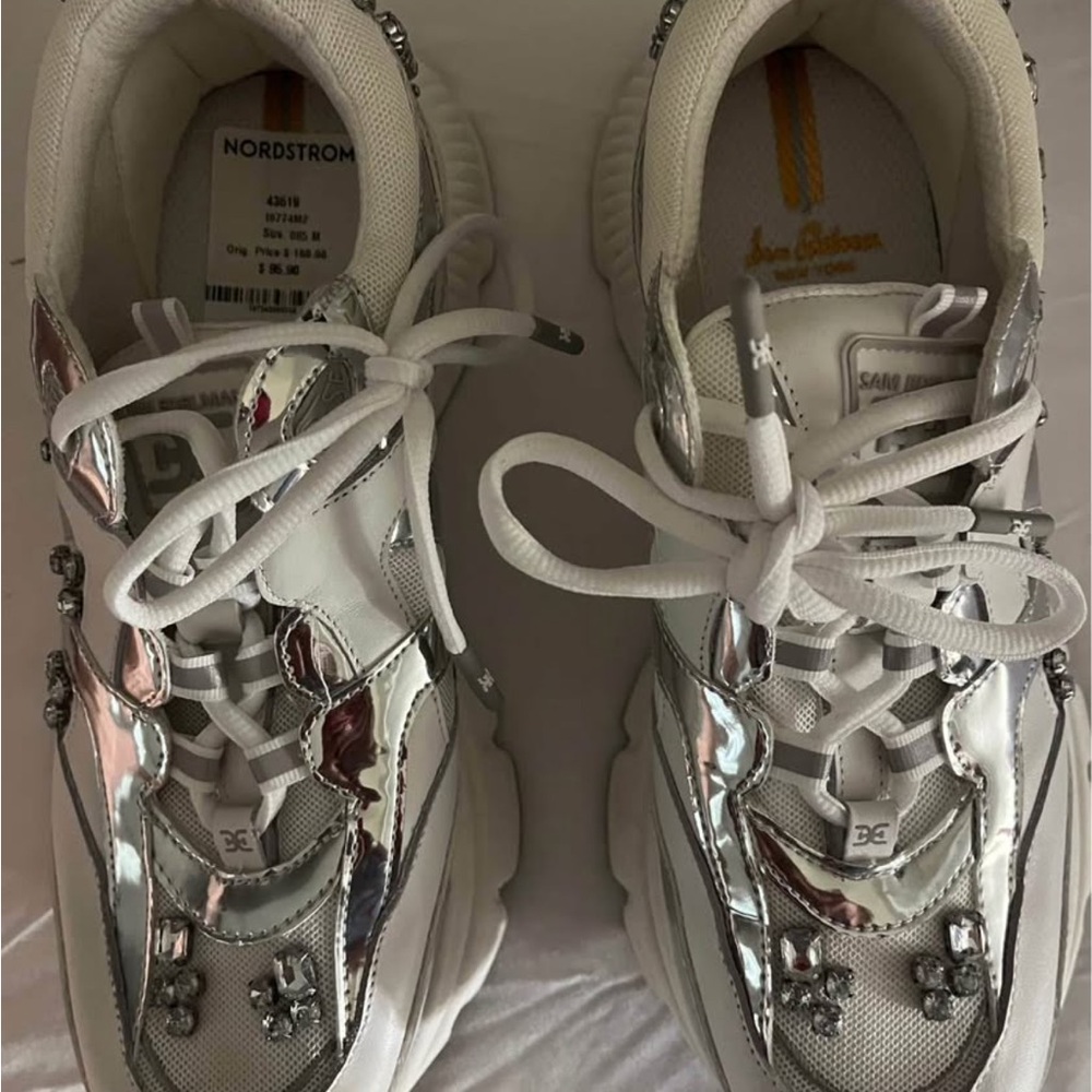 Sam Edelman White and Silver Crystal-Embellished Chunky Sneakers